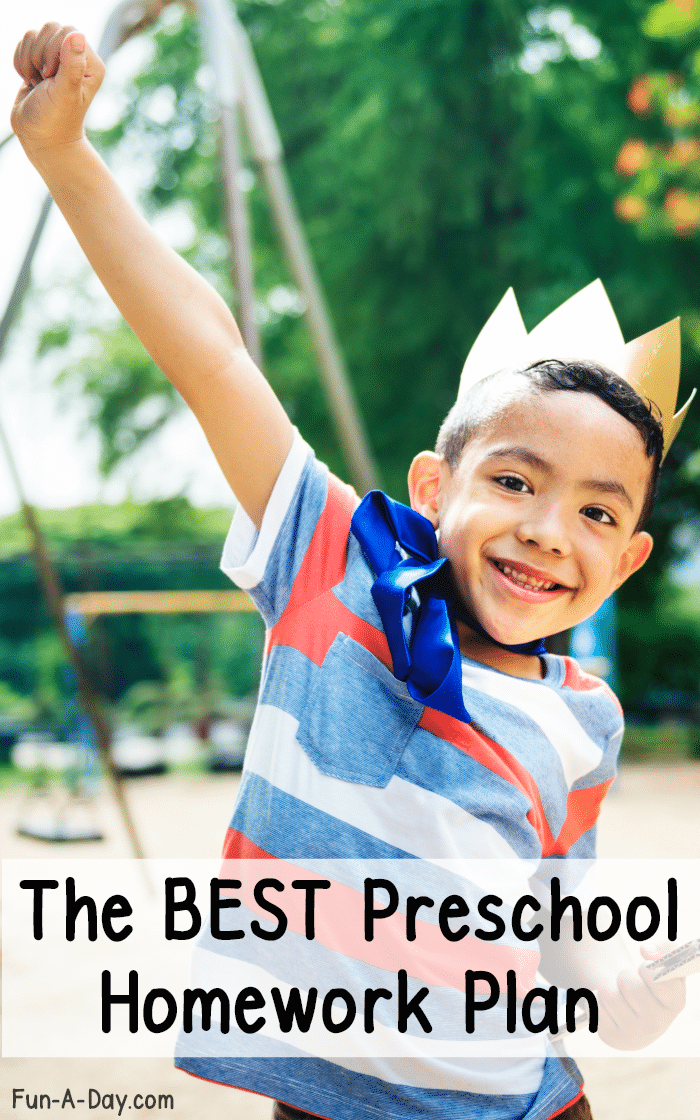 Smiling child with had raised and text that reads the best preschool homework plan