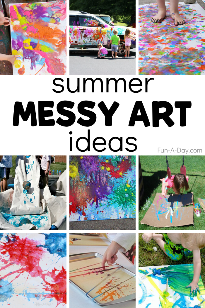collage of preschool art with text that reads summer messy art ideas
