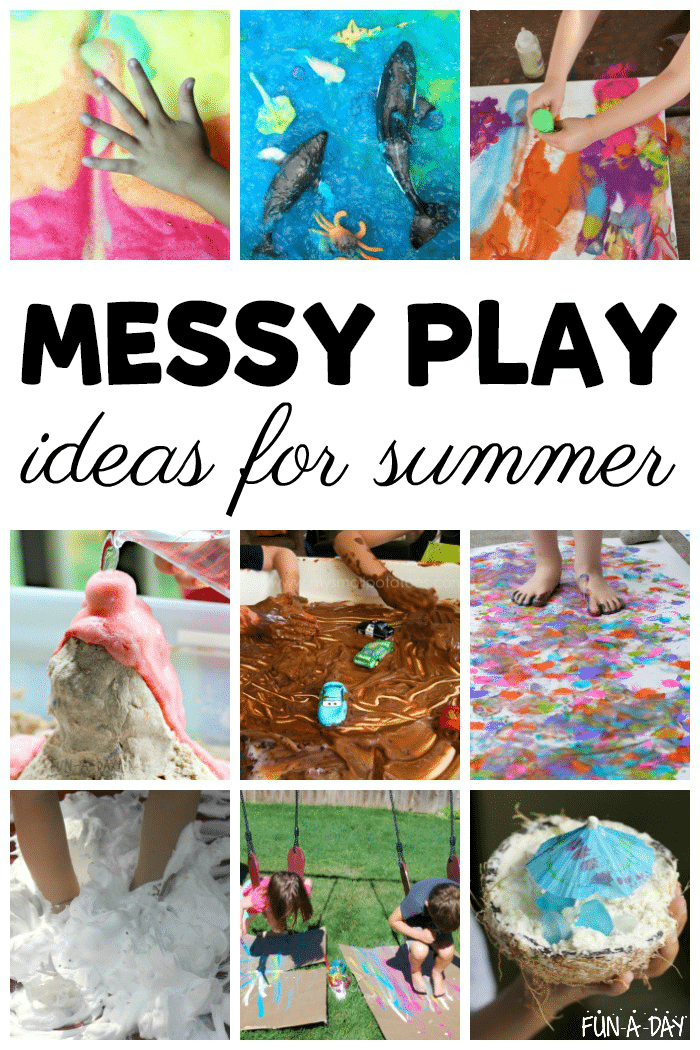 collage of art and sensory ideas with text that reads messy play ideas for summer