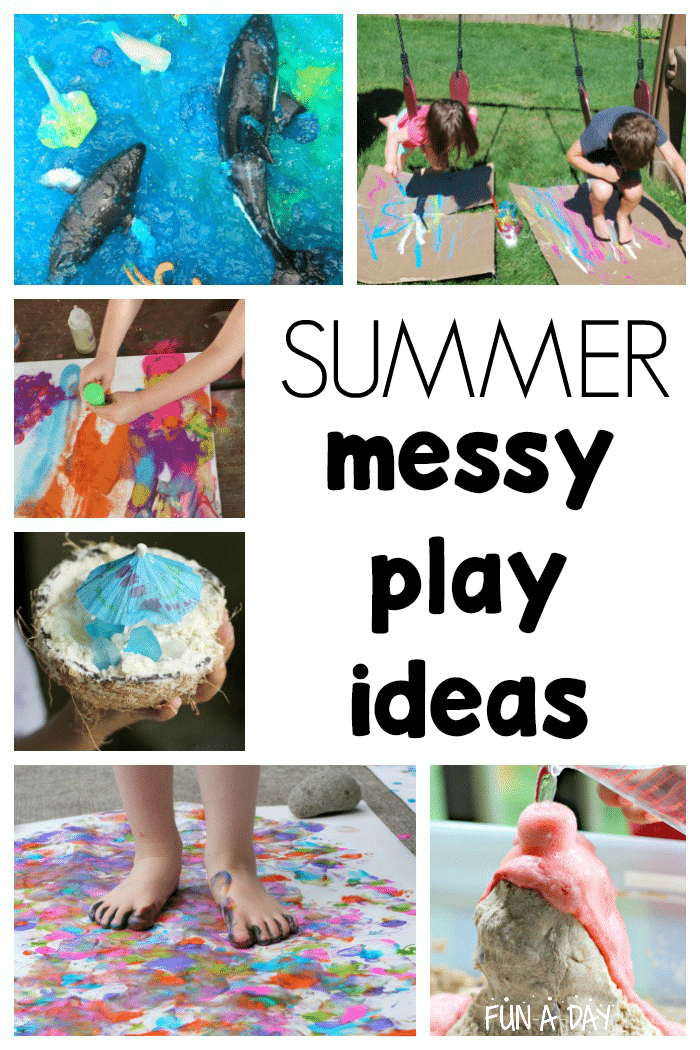 collage of summer activities with text that reads summer messy play ideas