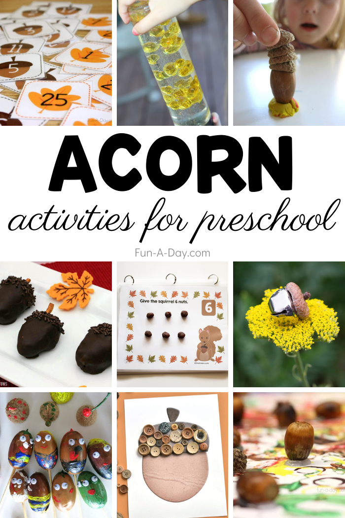 collage of 9 different acorn activities and with text that reads acorn activities for preschool
