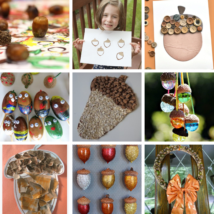 square image of nine different preschool acorn crafts