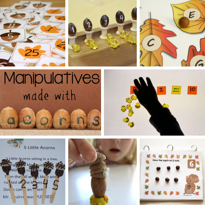 square collage of eight different preschool math and literacy activities that use acorns