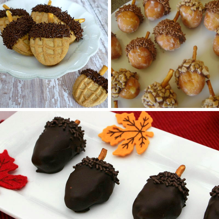 square collage of three different acorn-themed snacks and desserts