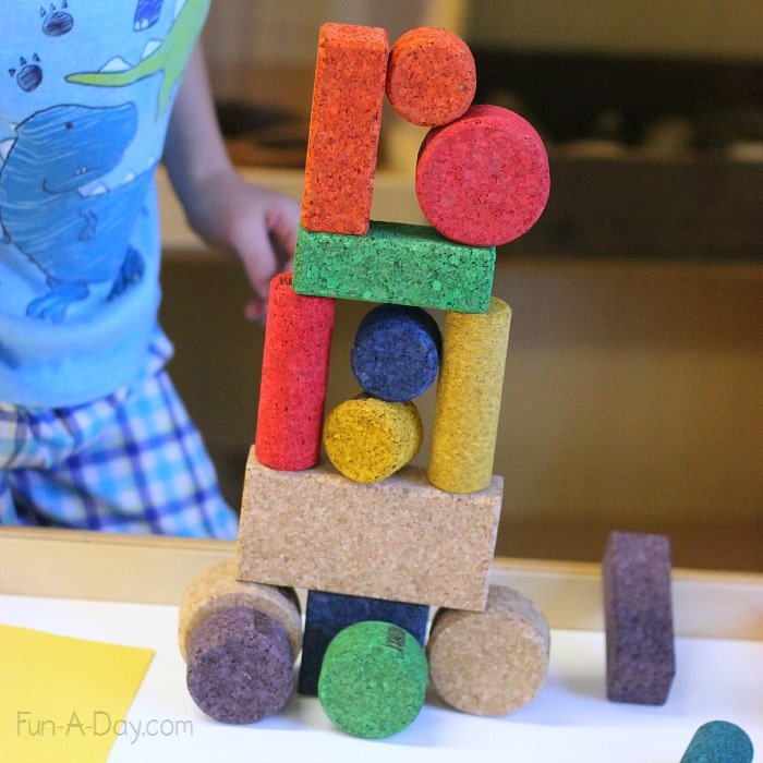 Cork building blocks for free play and one-to-one correspondence activity