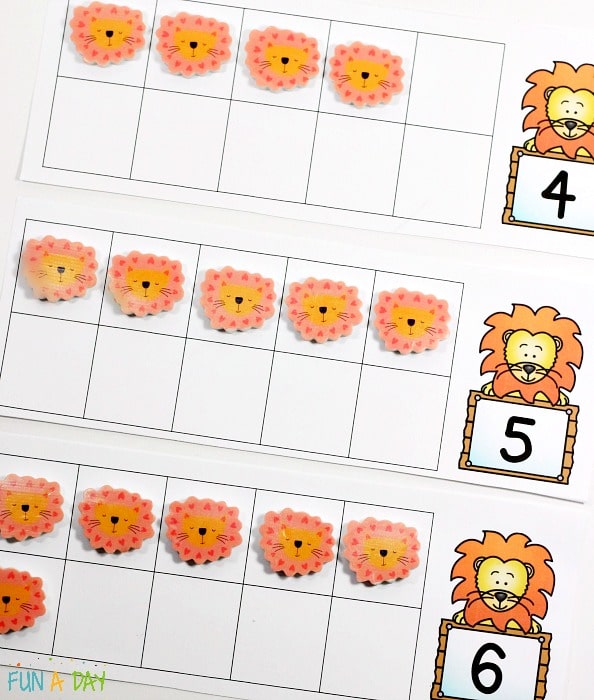 Printable ten frames lions numbers 4, 5, and 6