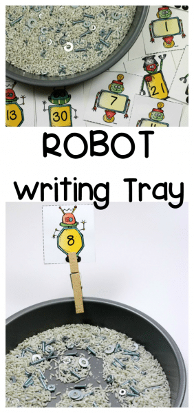 Robot Sensory Writing Tray - work on number recognition, one-to-one correspondence, and fine motor skills - free printable number cards