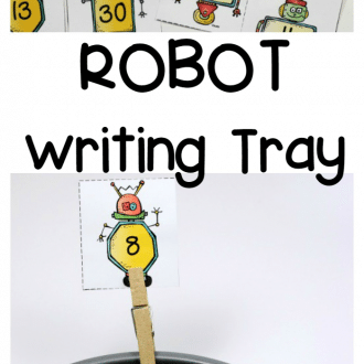 Robot Sensory Writing Tray - work on number recognition, one-to-one correspondence, and fine motor skills - free printable number cards