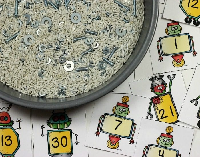 Robot number sensory writing tray with free printable number cards