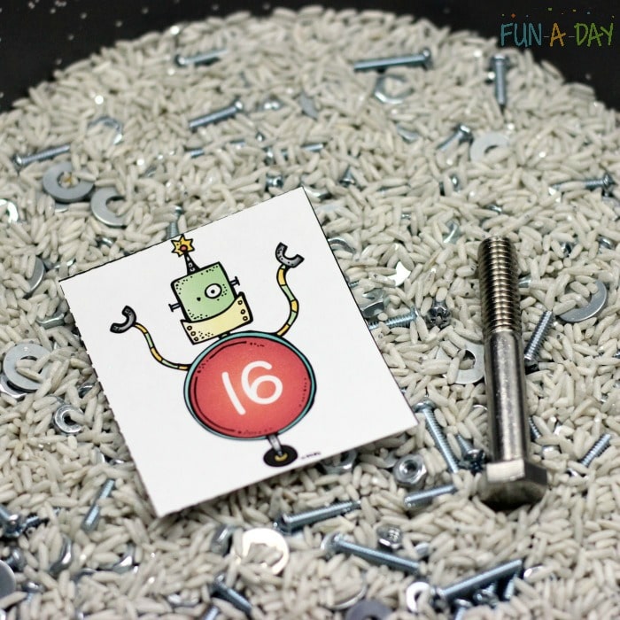 Robot writing tray with free printable number cards