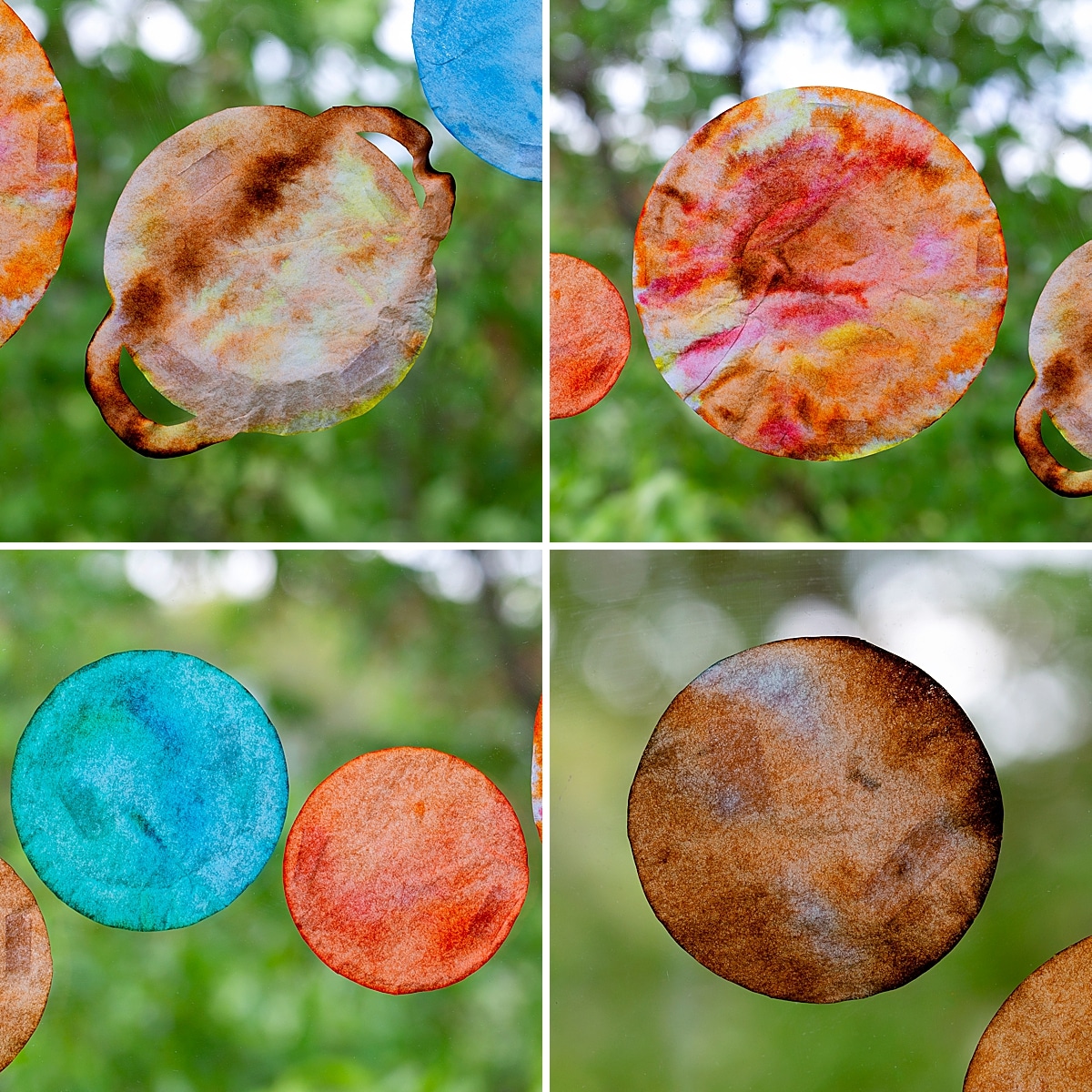 collage of four individual photos of finished planet sun catchers hanging in a window