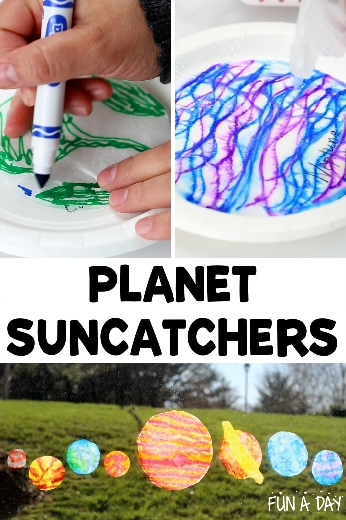 pinnable collage of three images of the making of coffee filter planets, including the finished product, with the text planet suncatchers