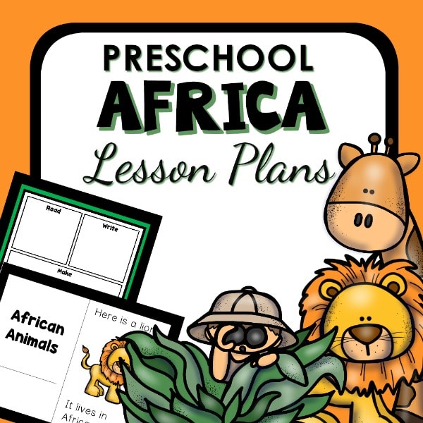 Printable lesson plans with cartoons of an explorer, a lion, and a giraffe with the text, 'Preschool Africa Lesson Plans'