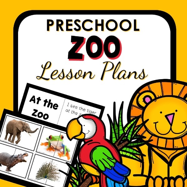 Preschool lesson plans, a cartoon parrot, and a cartoon lion with the text, 'Preschool Zoo Lesson Plans'