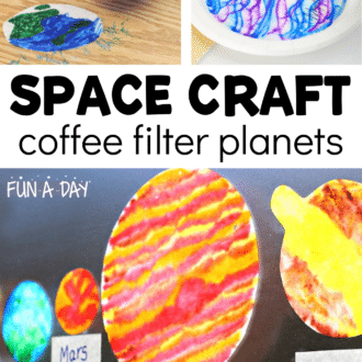 pinnable image of a collage of three pictures of making coffee filter planet suncatchers