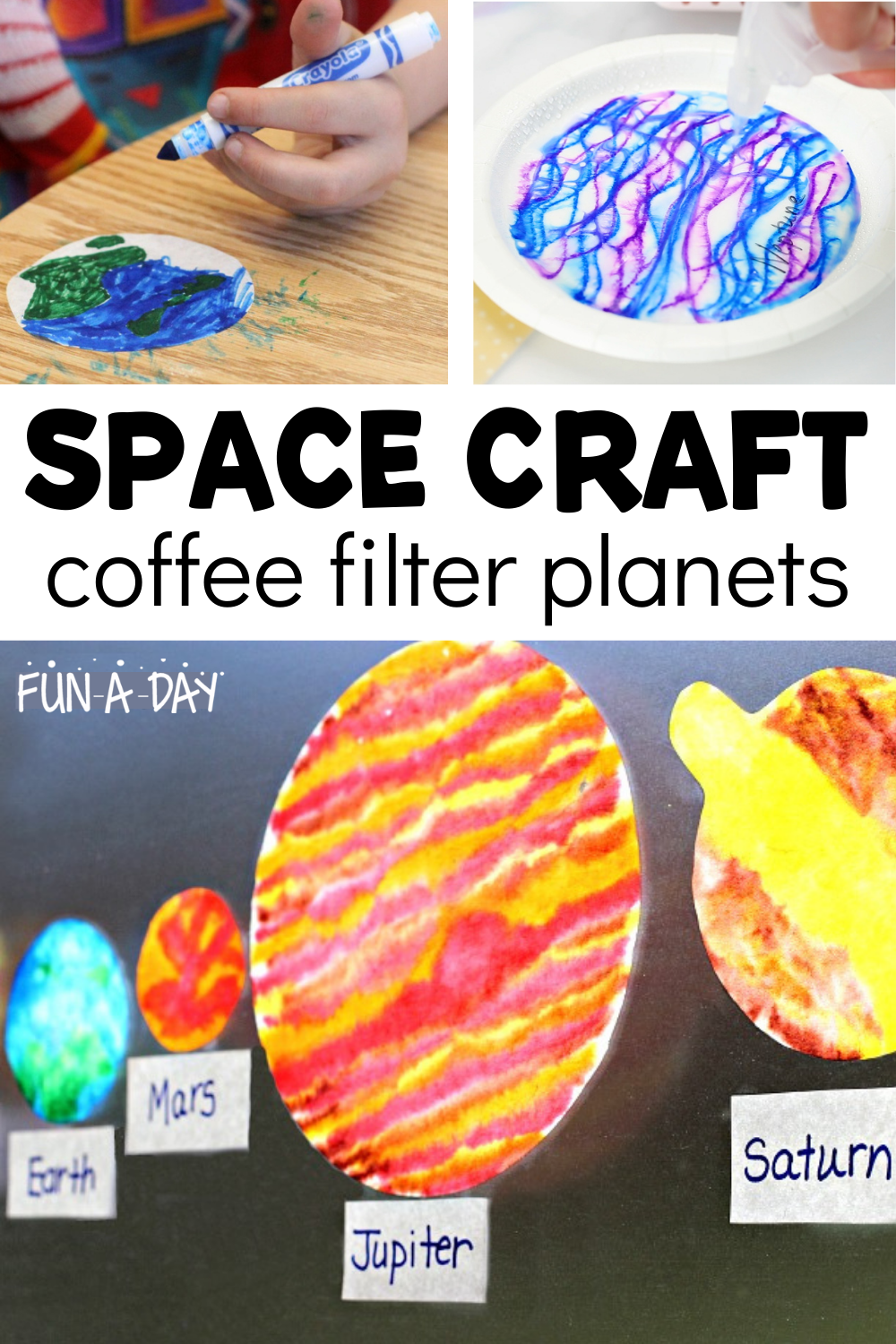 pinnable image of a collage of three pictures of making planet suncatchers with text that reads space craft coffee filter planets