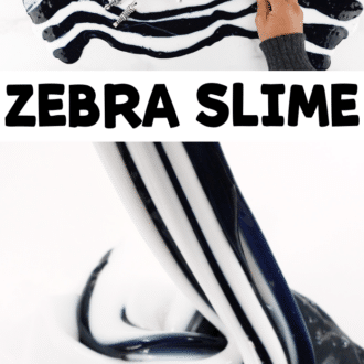 A hand playing with zebra toys in black and white striped slime, and zebra slime pooling on a table with the text, 'zebra slime.'