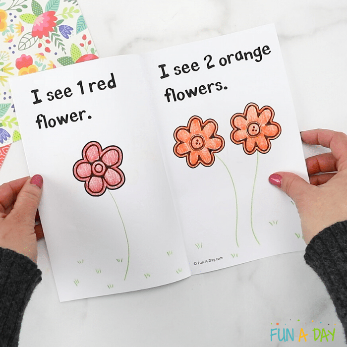 2 pages from the counting flowers printable book