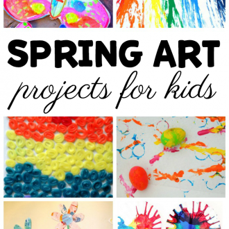 collage of spring art with text that reads spring art projects for kids