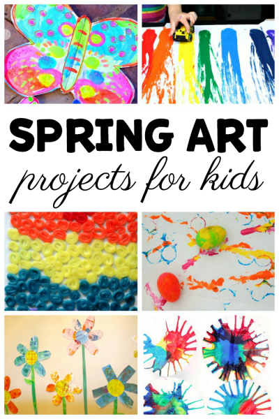 collage of spring art with text that reads spring art projects for kids