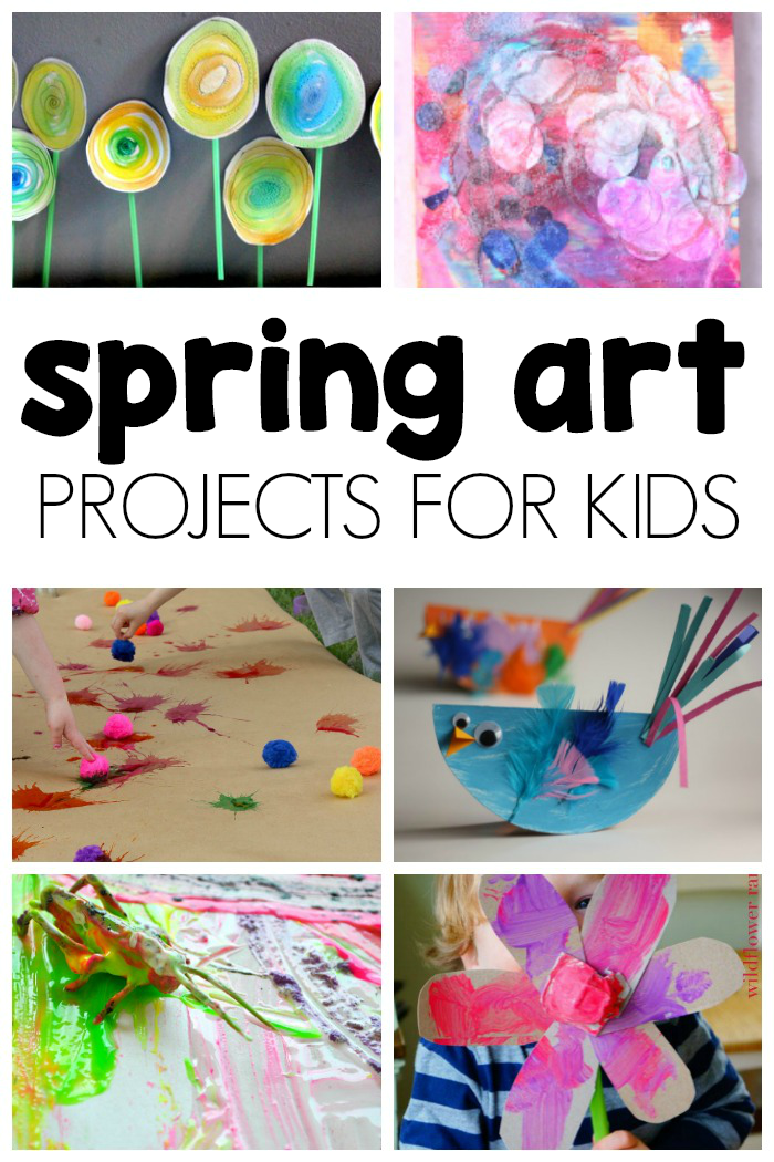 collage of spring art ideas with text that reads spring art projects for kids