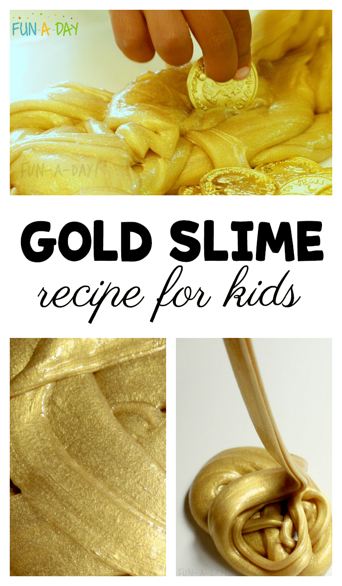 collage of golden slime with text that reads gold slime recipe for kids