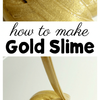 metallic golden slime images with text that reads how to make gold slime