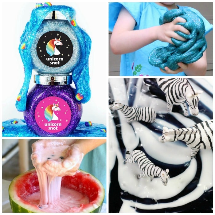 unicorn slime, UK slime, watermelon slime, and zebra slime in a collage