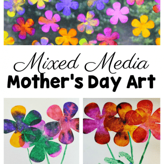 Collage of flowers and hand print bouquet art with text that reads mixed media Mother's Day art