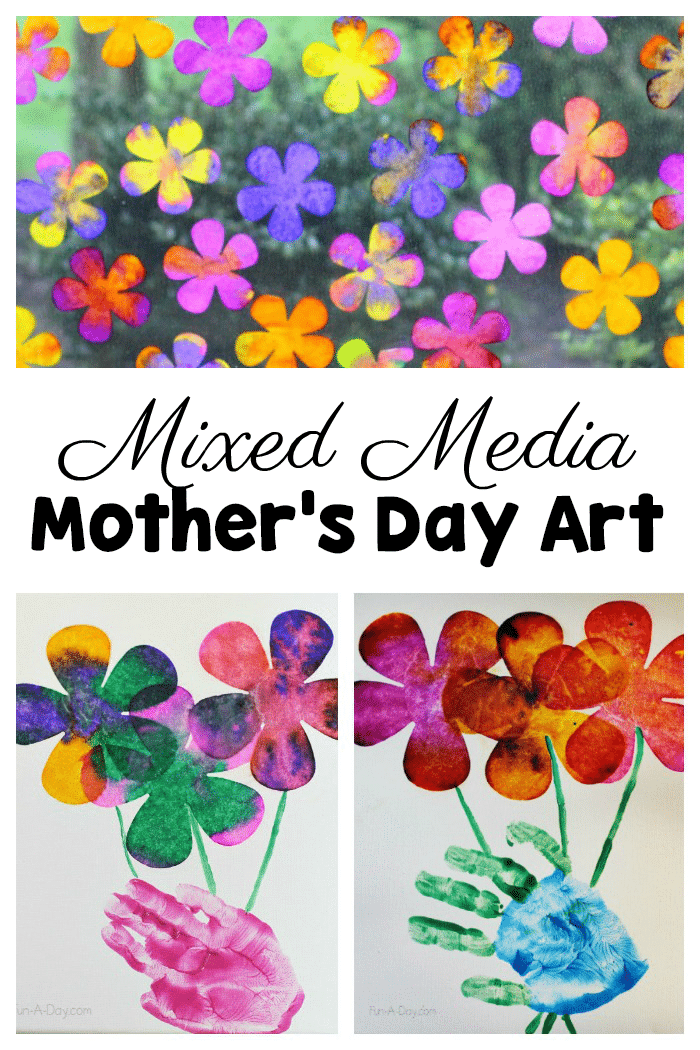 Collage of flowers and hand print bouquet art with text that reads mixed media Mother's Day art