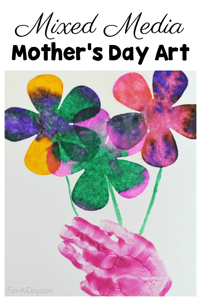 Kid made hand print art with coffee filter flowers and text that reads mixed media Mother's Day art