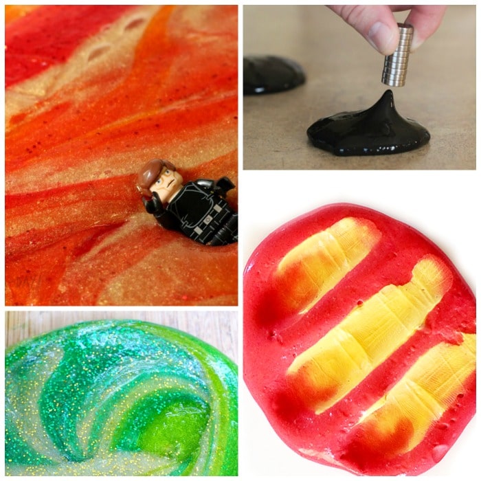 molten lava slime, magnetic slime, jungle slime, and heat sensitive slime in a collage