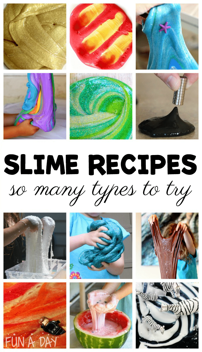 Collage of many different types of slime recipes with text that reads slime recipes so many types to try