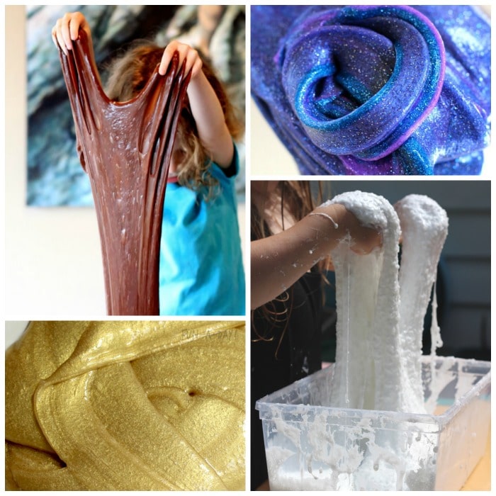chocolate slime, galaxy slime, gold slime, and fluffy slime in a collage