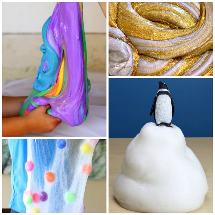 rainbow slime, gold and silver slime, polka dot slime, and icy slime in a collage