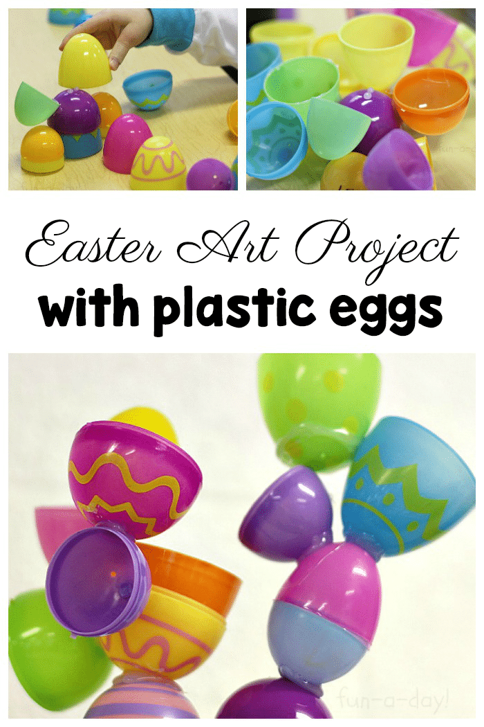 collage of preschool egg sculpture with text that reads easter art project with plastic eggs
