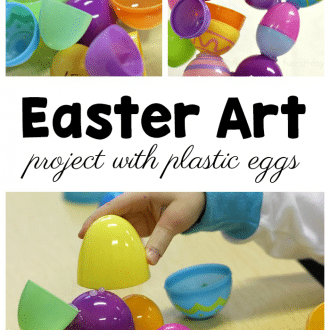 collage of kid made egg sculptures with text that reads easter art project with plastic eggs