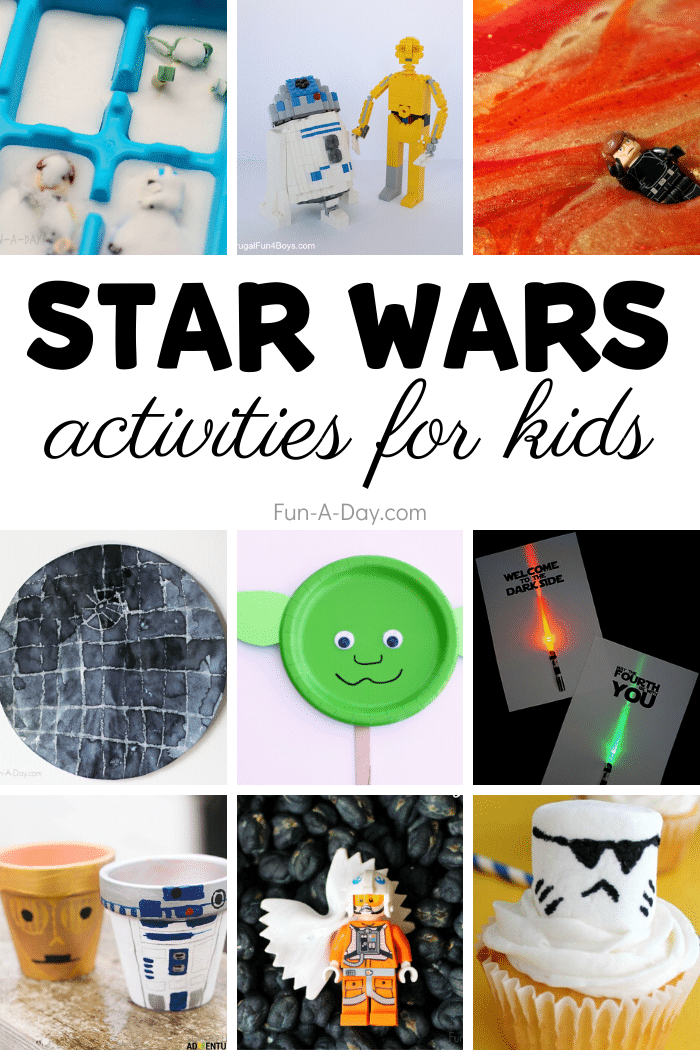 collage of star wars ideas with text that reads star wars activities for kids