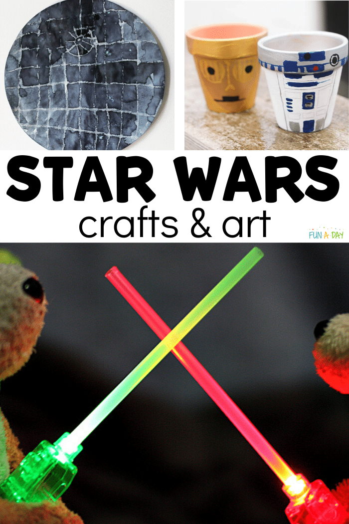 3 star wars art ideas with text that reads star wars crafts and art