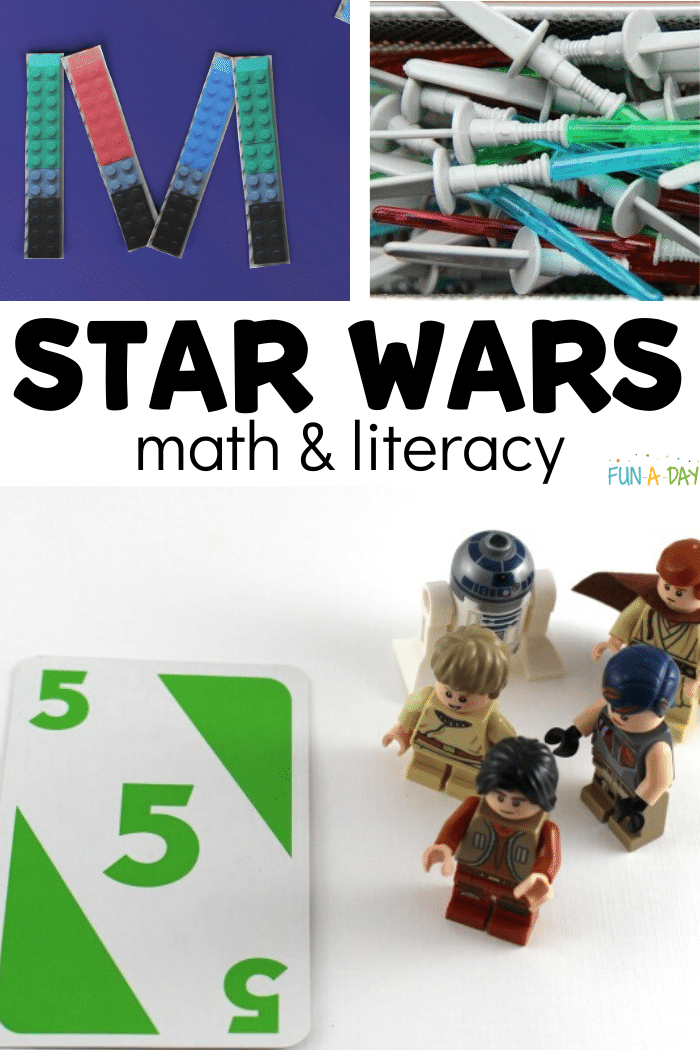 3 star wars learning activities with text that reads star wars math and literacy