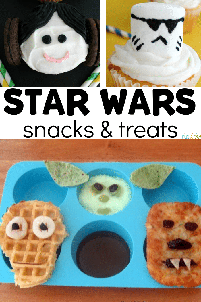 3 treats with text that reads star wars snacks and treats