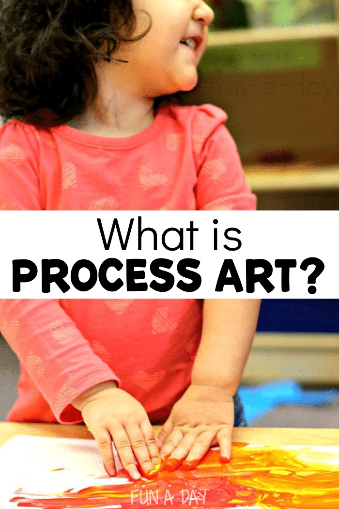 Child mixing yellow and red finger paints with text that reads what is process art?