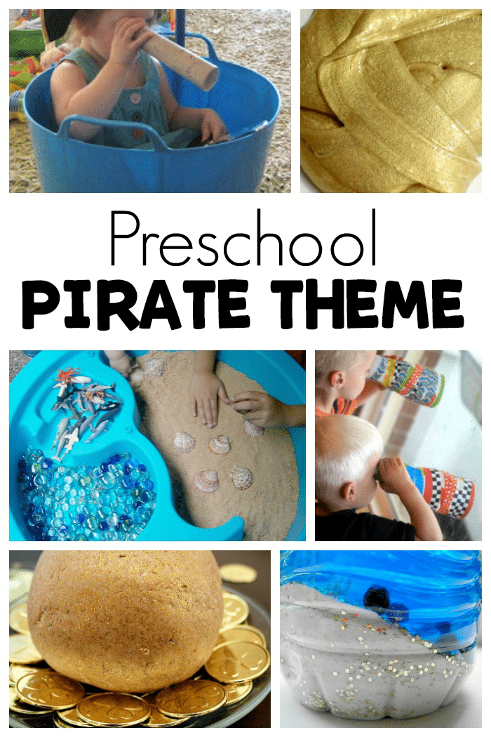 collage of pirate activities with text that reads preschool pirate theme