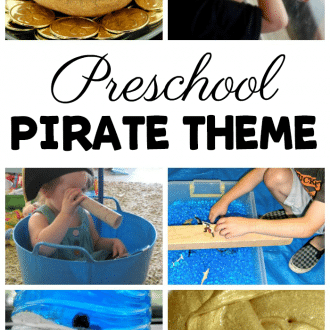 six pirate activities with text that reads preschool pirate theme