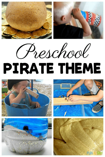 six pirate activities with text that reads preschool pirate theme