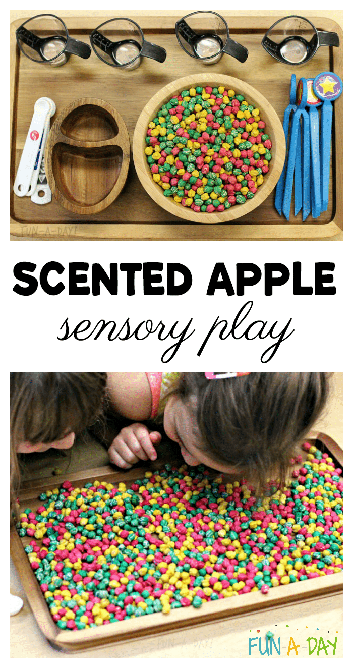 apple sensory materials with text that reads scented apple sensory play