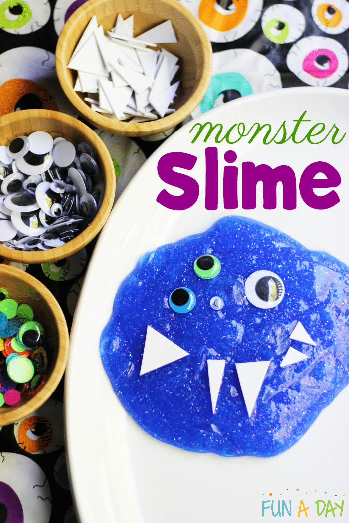 blue slime with googly eyes and foam triangle teeth with text that reads monster slime