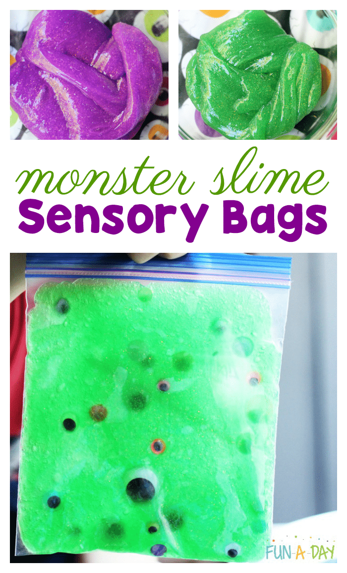 Use glitter monster slime and googly eyes to make sensory bags for kids of all ages