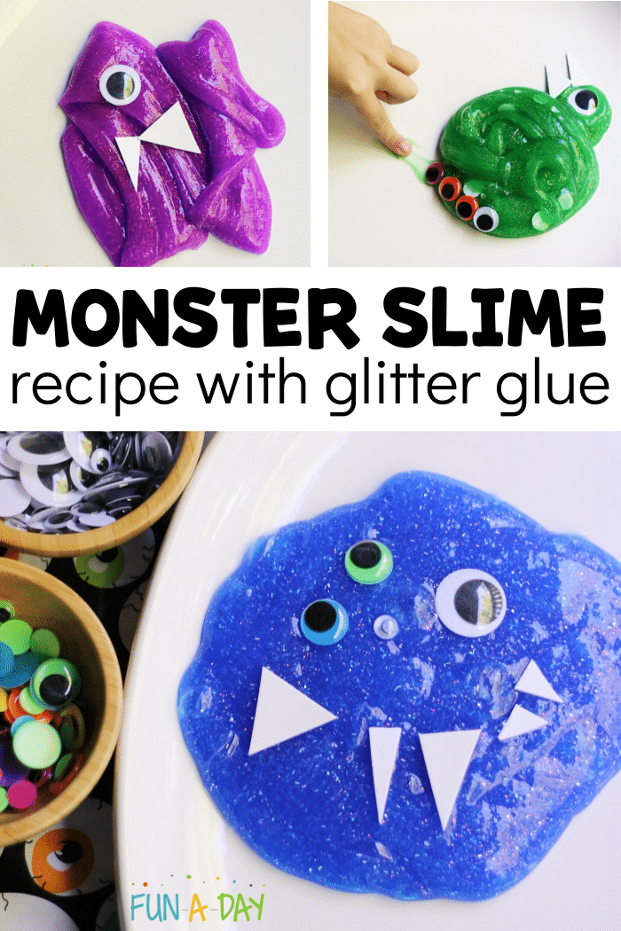 purple, green, and blue slime pictures with text that reads monster slime recipe with glitter glue