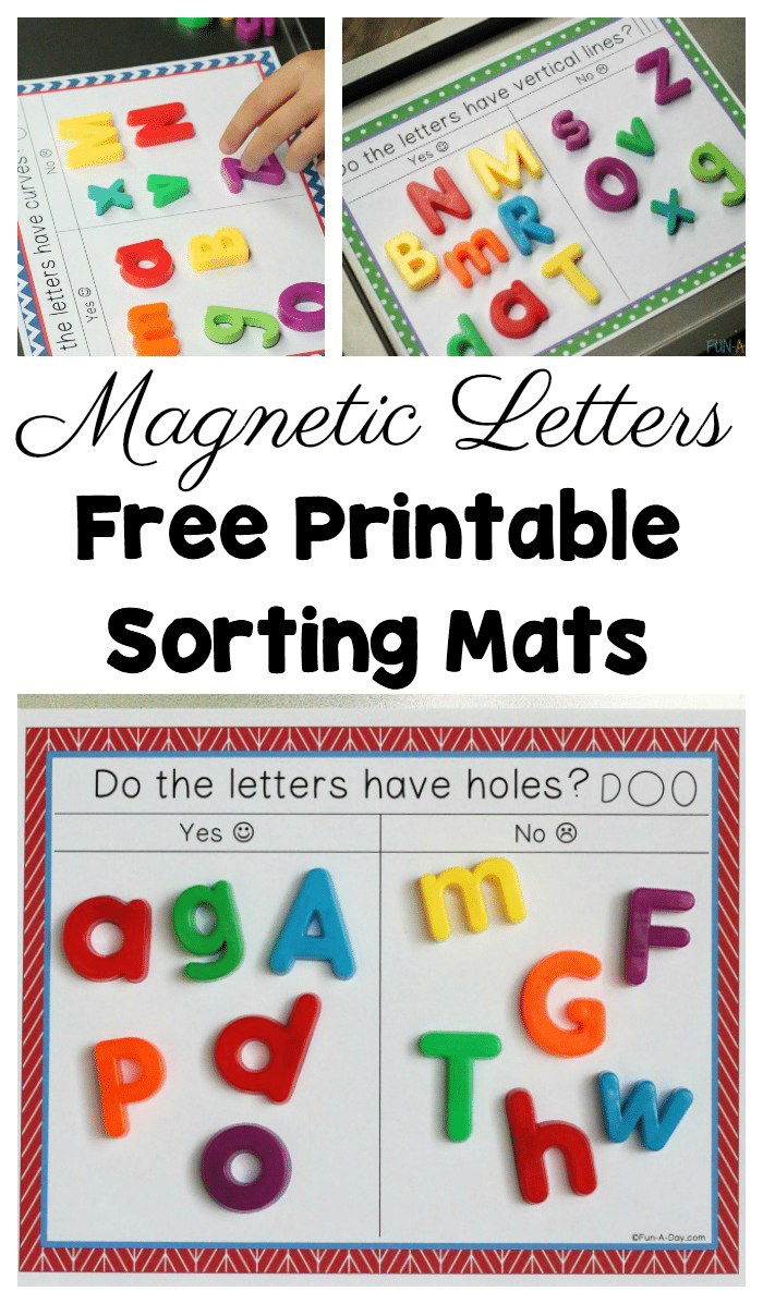 Collage of letter sorting printable with text that reads magnetic letters free printable sorting mats.
